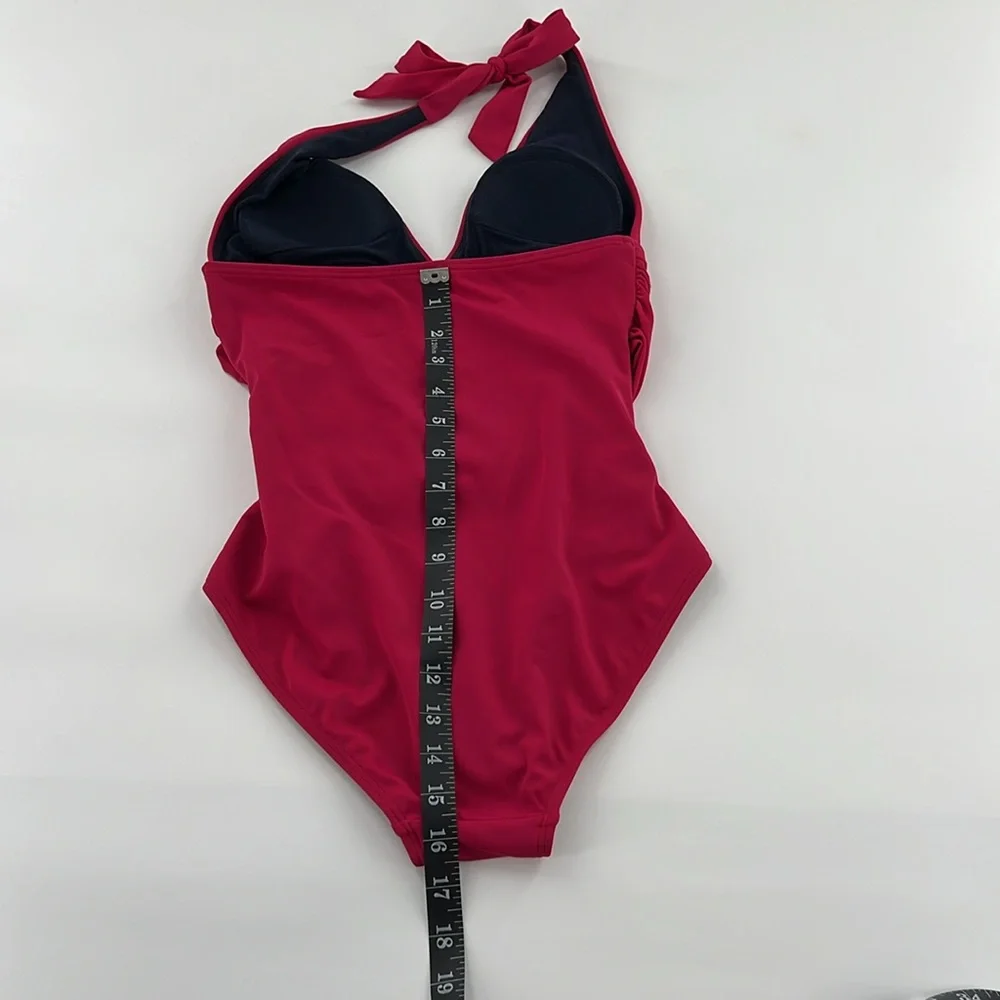 Boden Fuchsia Halter‎ Swimsuit ruching, body-sculpting lightly padded onepiece